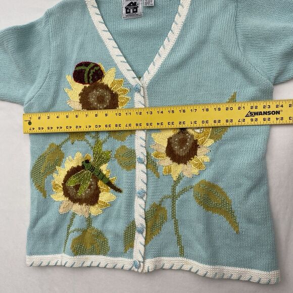 Storybook Knits Sweater Cardigan Womens 2X Blue Sunflower Bee Ramie Cottagecore - Picture 11 of 12